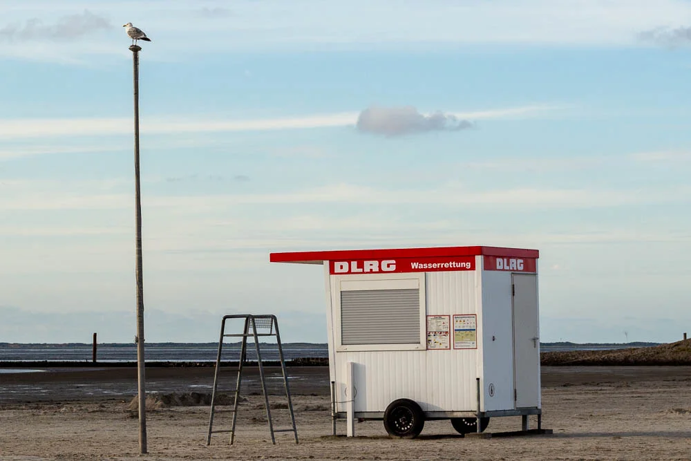 Möwe sitzt auf einem hohen Mast neben einem DLRG-Wagen am leeren Nordseestrand